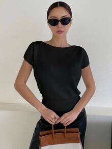 DAZY Solid Color Slim Fit Cold-Shoulder Short Sleeve Knit Top For Women Summer - Black - View 1