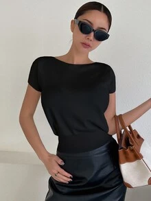 DAZY Solid Color Slim Fit Cold-Shoulder Short Sleeve Knit Top For Women Summer - Black - View 5