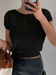 DAZY Solid Color Slim Fit Cold-Shoulder Short Sleeve Knit Top For Women Summer - Black - View 3