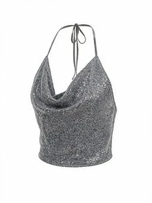 CAJUNI Women's Sequin Fashion Versatile Daily Wear Halter Neck Top - Silver - View 3