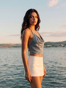 CAJUNI Women's Sequin Fashion Versatile Daily Wear Halter Neck Top - Silver - View 4