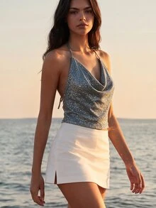 CAJUNI Women's Sequin Fashion Versatile Daily Wear Halter Neck Top - Silver - View 6