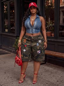 Slaydiva Plus Size Camo Print Applique Embroidered Shorts - Green - View 9