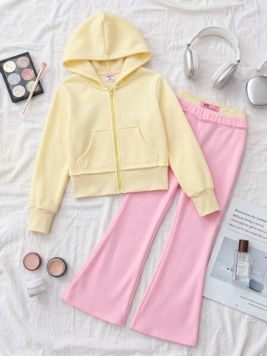 SHEIN Kids Tween Girls Tween Girl Yellow Hooded Sweatshirt Jacket & Loose Pants 2pcs Set Casual Daily Versatile Fashion Soft Comfortable Autumn Winter Style