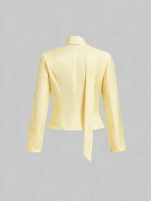 SHEIN MOD Plus Size Women's Yellow V-Neck Long Sleeve Top And Polka Dot Skirt 2 Pieces Set, Back To School, Campus Style - Pale Yellow - View 9