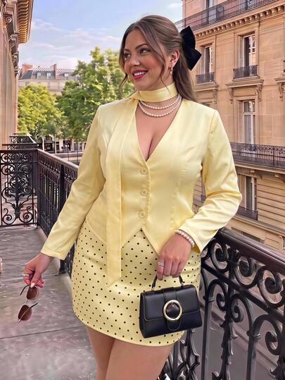 SHEIN MOD ชุด 2 ชิ้น เสื้อแขนยาวคอวีสีเหลืองและกระโปรงลายจุด สำหรับผู้หญิงไซส์ใหญ่, กลับโรงเรียน, สไตล์แคมปัส
