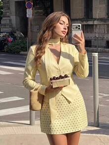 SHEIN MOD Plus Size Women's Yellow V-Neck Long Sleeve Top And Polka Dot Skirt 2 Pieces Set, Back To School, Campus Style - Pale Yellow - View 13