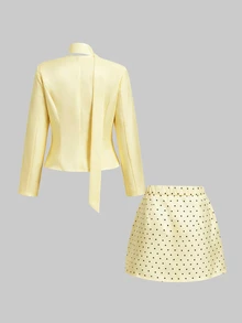 SHEIN MOD Plus Size Women's Yellow V-Neck Long Sleeve Top And Polka Dot Skirt 2 Pieces Set, Back To School, Campus Style - Pale Yellow - View 2