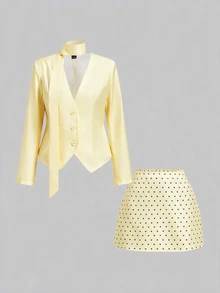 SHEIN MOD Plus Size Women's Yellow V-Neck Long Sleeve Top And Polka Dot Skirt 2 Pieces Set, Back To School, Campus Style - Pale Yellow - View 3