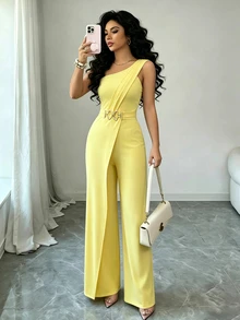 Elenzga Women's Solid Color Casual Everyday Wear Jumpsuit - Yellow - View 11