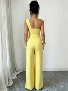 Elenzga Women's Solid Color Casual Everyday Wear Jumpsuit - Yellow - View 3