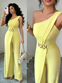 Elenzga Women's Solid Color Casual Everyday Wear Jumpsuit - Yellow - View 7