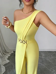 Elenzga Women's Solid Color Casual Everyday Wear Jumpsuit - Yellow - View 5