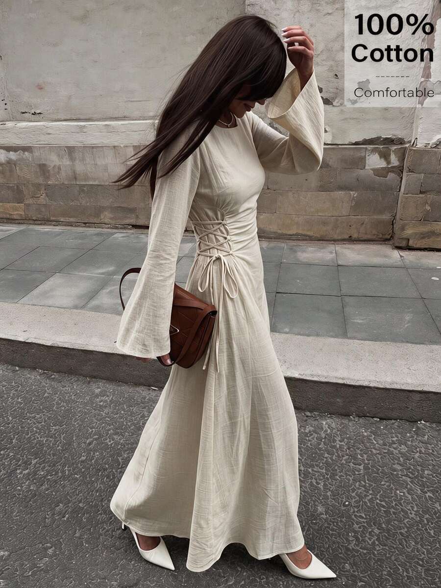 Siren Gaze Women's Solid Color Lace-Up Design Casual Party Dress - Apricot - View 1