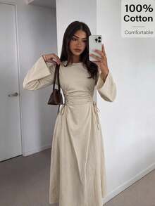 Siren Gaze Women's Solid Color Lace-Up Design Casual Party Dress - Apricot - View 4