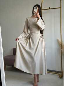 Siren Gaze Women's Solid Color Lace-Up Design Casual Party Dress - Apricot - View 2