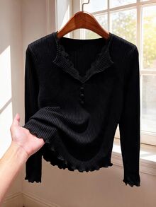 Rusticease Atasan Wanita Lengan Panjang Warna Polos dengan Kancing, Kasual, Elegan Gaya Prancis, Bergaris, Cocok untuk Kantor, Makan Siang, Warna Hitam, Musim Gugur - Hitam - View 3