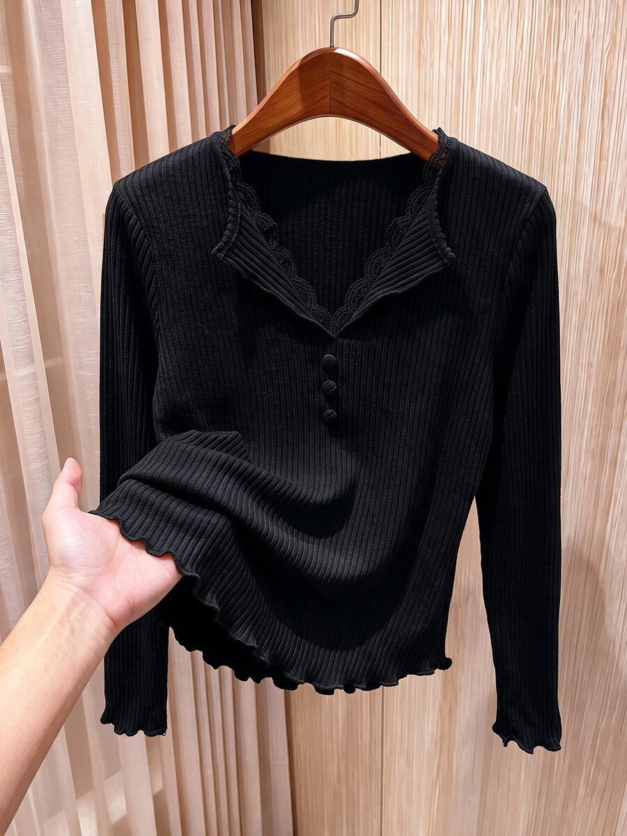 Rusticease Atasan Wanita Lengan Panjang Warna Polos dengan Kancing, Kasual, Elegan Gaya Prancis, Bergaris, Cocok untuk Kantor, Makan Siang, Warna Hitam, Musim Gugur - Hitam - View 1