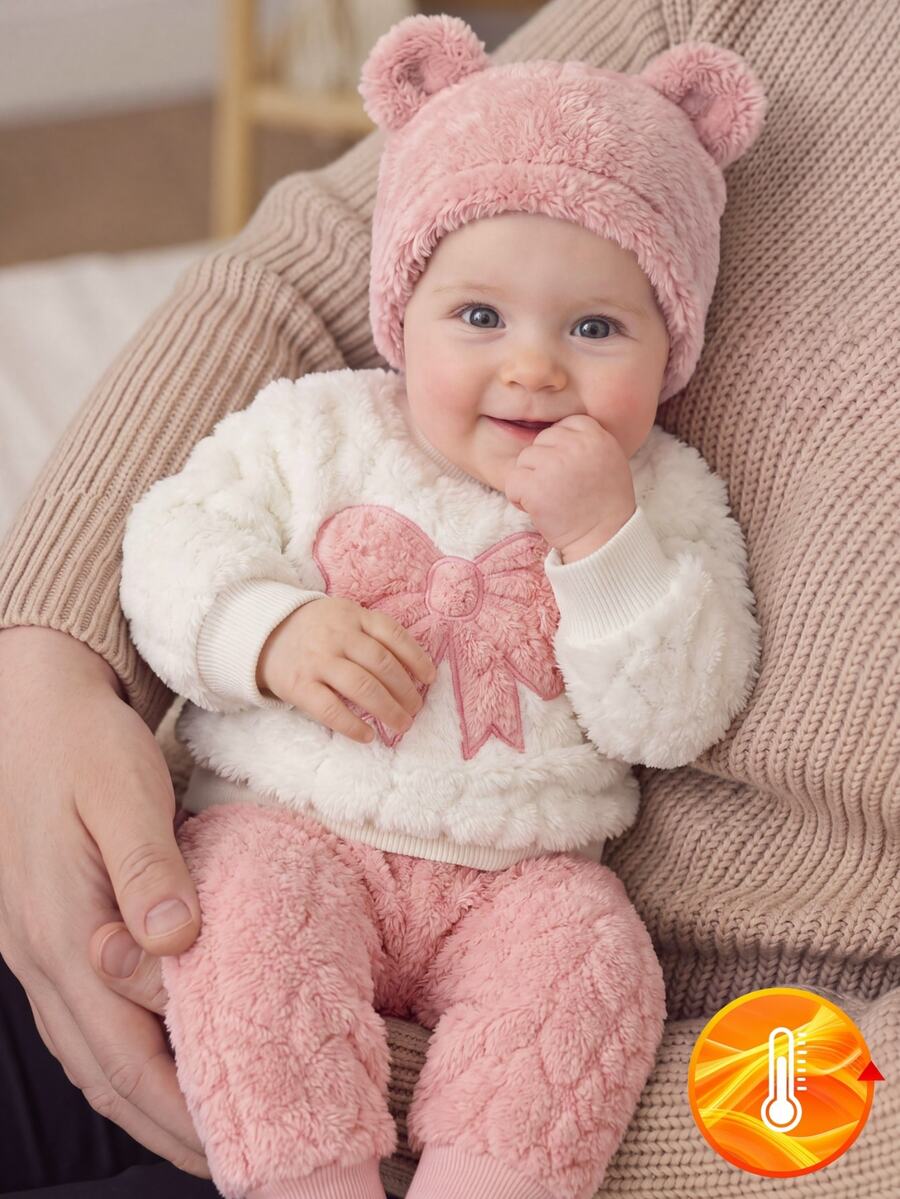 SHEIN Newborn Sweet Pink Large Bow Embroidered Plush Hoodie Two Pieces Set: Cream Long-Sleeve Top Paired With Matching Pants For Outing Wear Autumn Winter - Baby Pink - View 1