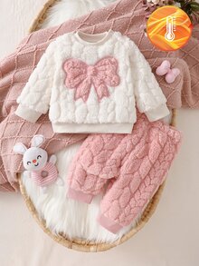 SHEIN Newborn Sweet Pink Large Bow Embroidered Plush Hoodie Two Pieces Set: Cream Long-Sleeve Top Paired With Matching Pants For Outing Wear Autumn Winter - Baby Pink - View 4