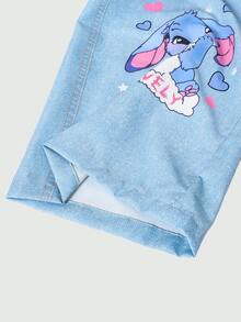 SHEIN Tween Girl Fall Light Blue Cute Cartoon Print Denim Effect Wide Leg Pants, Holiday, Casual - Multicolor - View 5