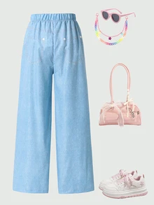 SHEIN Tween Girl Fall Light Blue Cute Cartoon Print Denim Effect Wide Leg Pants, Holiday, Casual - Multicolor - View 2