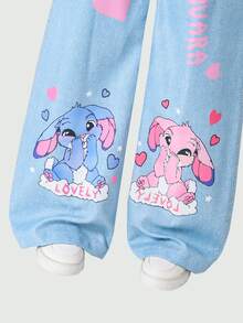 SHEIN Tween Girl Fall Light Blue Cute Cartoon Print Denim Effect Wide Leg Pants, Holiday, Casual - Multicolor - View 4