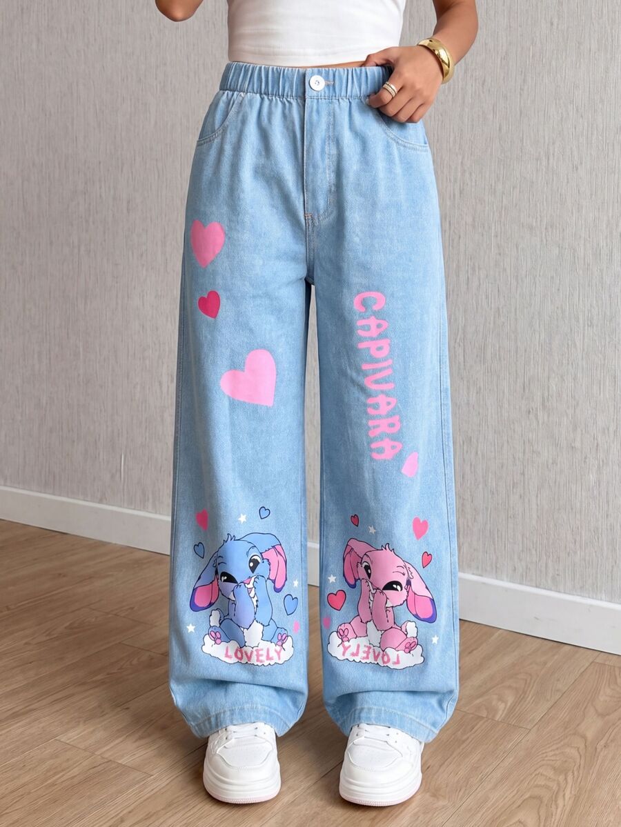 SHEIN Tween Girl Fall Light Blue Cute Cartoon Print Denim Effect Wide Leg Pants, Holiday, Casual - Multicolor - View 1