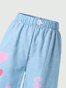 SHEIN Tween Girl Fall Light Blue Cute Cartoon Print Denim Effect Wide Leg Pants, Holiday, Casual - Multicolor - View 7