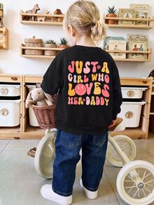 SHEIN Baby Girl Casual Cute Kawaii Colorful Flower Gradient Fun Letter Printed Round Neck Sweatshirt Toddler Girl Clothes - Black - View 2