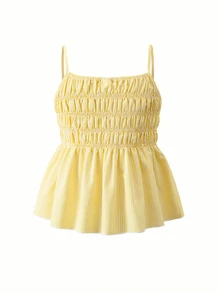 SHEIN Teen Girls 2pcs/Set Casual Cute Camisole Top And Wide Leg Pants Set, Woven Fabric, Elastic Waist, Summer, Casual, Comfortable - Yellow - View 5