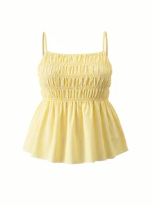SHEIN Teen Girls 2pcs/Set Casual Cute Camisole Top And Wide Leg Pants Set, Woven Fabric, Elastic Waist, Summer, Casual, Comfortable - Yellow - View 8