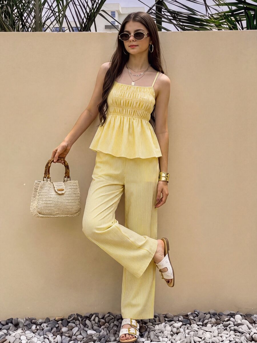 SHEIN Teen Girls 2pcs/Set Casual Cute Camisole Top And Wide Leg Pants Set, Woven Fabric, Elastic Waist, Summer, Casual, Comfortable