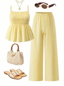 SHEIN Teen Girls 2pcs/Set Casual Cute Camisole Top And Wide Leg Pants Set, Woven Fabric, Elastic Waist, Summer, Casual, Comfortable - Yellow - View 4