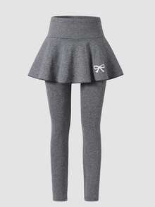 SHEIN Tween Girl Leggings, Casual Uniform Cute Elegant Skorts 2 In 1 With Bow Pattern, Suitable For Spring, Autumn, Summer, Perfect For School Grey Black - Black - View 7