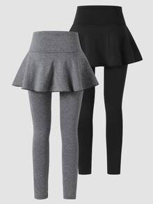 SHEIN Tween Girl Leggings, Casual Uniform Cute Elegant Skorts 2 In 1 With Bow Pattern, Suitable For Spring, Autumn, Summer, Perfect For School Grey Black - Black - View 3