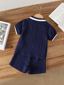 Souflis Souflis Babyboy White Summer Casual Jacquard Polo-Neck Short-Sleeved And Shorts Set Cute College-Style - Navy - View 2