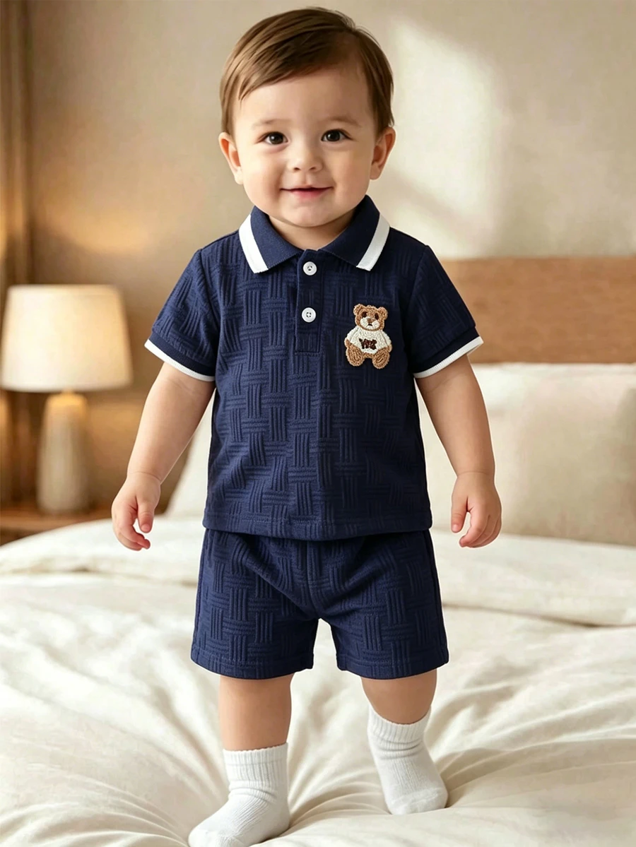 Souflis Souflis Babyboy White Summer Casual Jacquard Polo-Neck Short-Sleeved And Shorts Set Cute College-Style - Navy - View 1