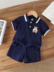 Souflis Souflis Babyboy White Summer Casual Jacquard Polo-Neck Short-Sleeved And Shorts Set Cute College-Style - Navy - View 6