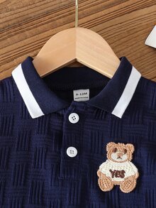 Souflis Souflis Babyboy White Summer Casual Jacquard Polo-Neck Short-Sleeved And Shorts Set Cute College-Style - Navy - View 9