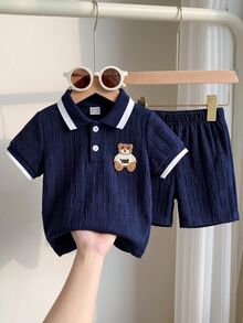 Souflis Souflis Babyboy White Summer Casual Jacquard Polo-Neck Short-Sleeved And Shorts Set Cute College-Style - Navy - View 3