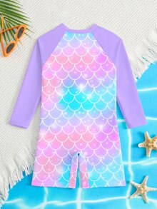 Young Girls Mermaid Long Sleeve Swimsuit,Pink Rash Guard One-Piece Bathing Suit With Front Zipper,UV Protection Swimwear For Summer,Beach - Multicolor - View 2
