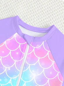 Young Girls Mermaid Long Sleeve Swimsuit,Pink Rash Guard One-Piece Bathing Suit With Front Zipper,UV Protection Swimwear For Summer,Beach - Multicolor - View 5
