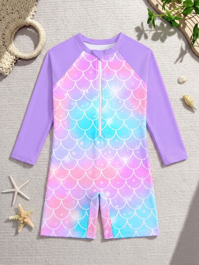 Baju Renang Lengan Panjang Motif Putri Duyung untuk Anak Perempuan, Baju Renang Terusan Warna Pink dengan Resleting Depan, Pakaian Renang Pelindung UV untuk Musim Panas, Cocok untuk Acara Baby Shower di Pantai