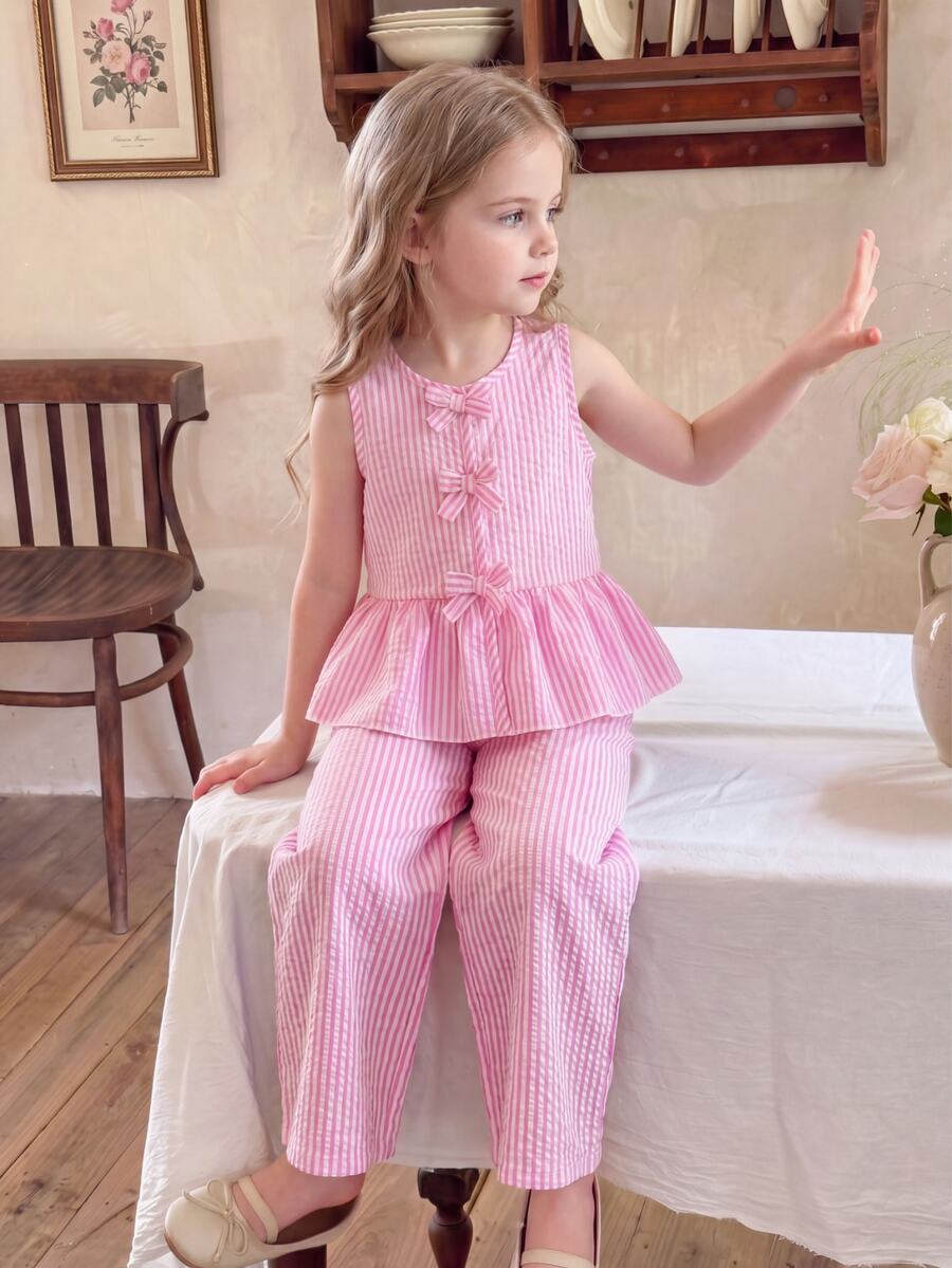 SHEIN Elladie kids 年轻女孩 2 件套：带蝴蝶结装饰的条纹衬衫和裤子