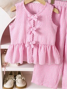 SHEIN Elladie kids 年轻女孩 2 件套：带蝴蝶结装饰的条纹衬衫和裤子 - 粉色 - 查看 7