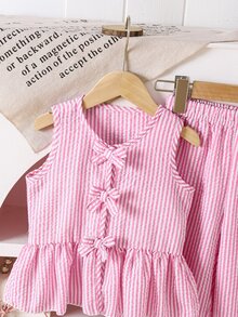 SHEIN Elladie kids 年轻女孩 2 件套：带蝴蝶结装饰的条纹衬衫和裤子 - 粉色 - 查看 10