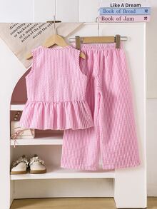 SHEIN Elladie kids 年轻女孩 2 件套：带蝴蝶结装饰的条纹衬衫和裤子 - 粉色 - 查看 3