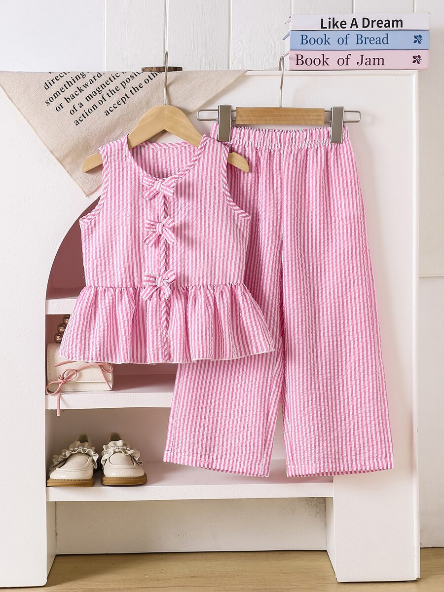 SHEIN Elladie kids Young Girl 2pcs Set: Striped Shirt With Bow Decor And Pants - Pink - View 1