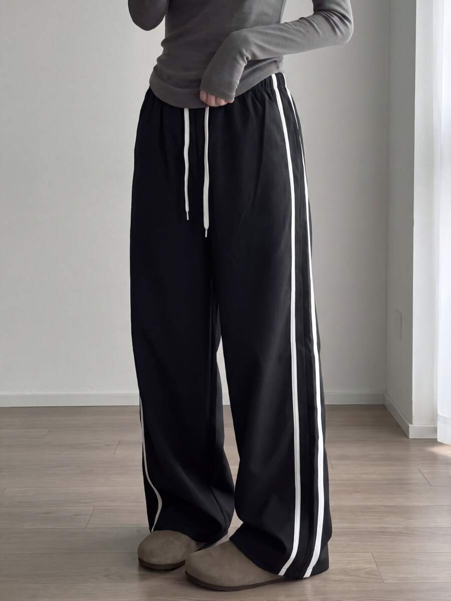 SHEIN Sparklyn Classic Casual Baggy Cargo Pants, Fall, Spring/Autumn, Double Waistband, Simple Comfortable Sweatshirt Fabric, Streetwear Sports Work Black - Black - View 1